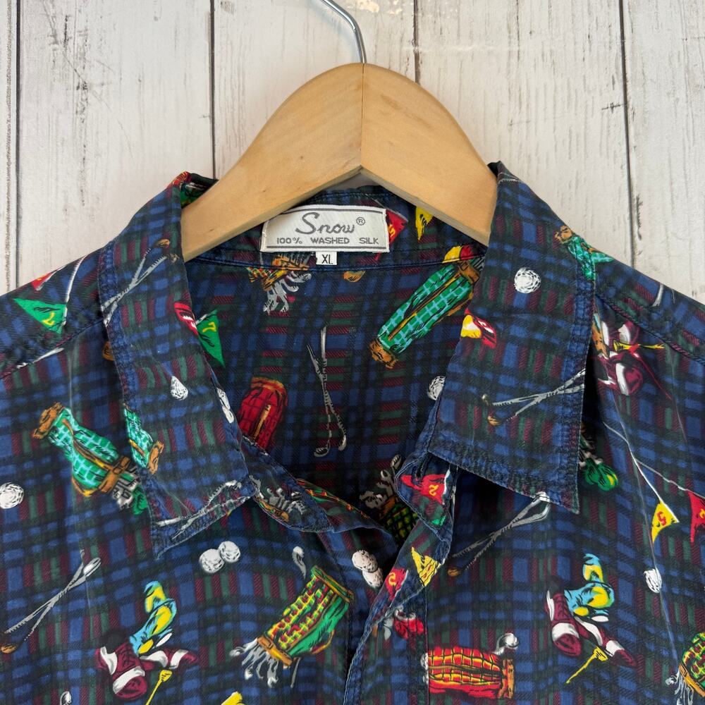 VTG 80's Snow Blue Plaid Washable Silk Golf Clubs Short Sleeve Shirt Size XL - Picture 3 of 13